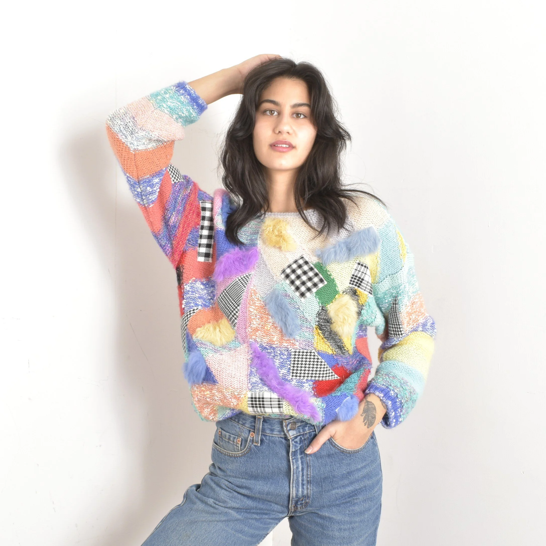 1980s Patchwork Fur Colorful Sweater S M L La Poubelle Vintage